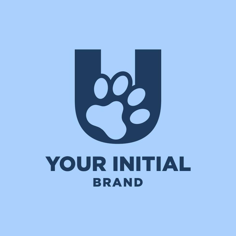 Brief u Pfote drucken Hund Fuß Silhouette im Negativ Raum Initiale Vektor Logo Design