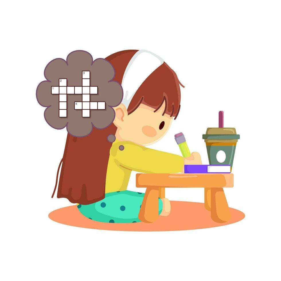 süß wenig Mädchen Füllung aus ein Kreuzworträtsel Puzzle während genießen Kaffee vektor
