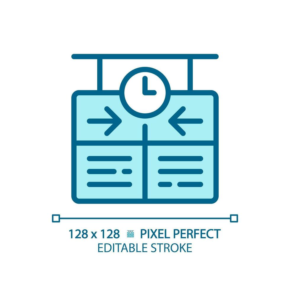 Zeitplan Pixel perfekt Blau rgb Farbe Symbol. Zug Zeitplan. Ankunft Abfahrt Tafel. Passagier Information System. isoliert Vektor Illustration. einfach gefüllt Linie Zeichnung. editierbar Schlaganfall
