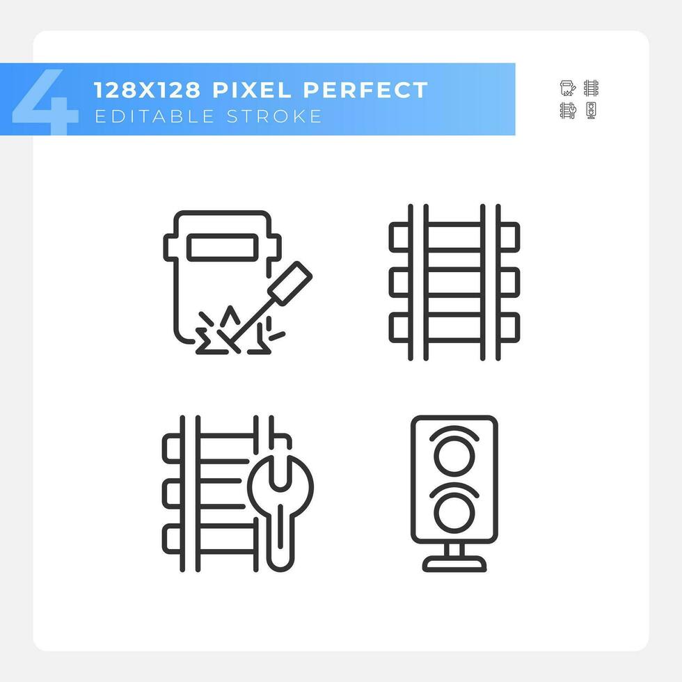 Eisenbahn Instandhaltung Pixel perfekt linear Symbole Satz. Eisenbahn Spur Reparatur. Schiene Sicherheit. Ingenieurwesen arbeiten. anpassbar dünn Linie Symbole. isoliert Vektor Gliederung Illustrationen. editierbar Schlaganfall