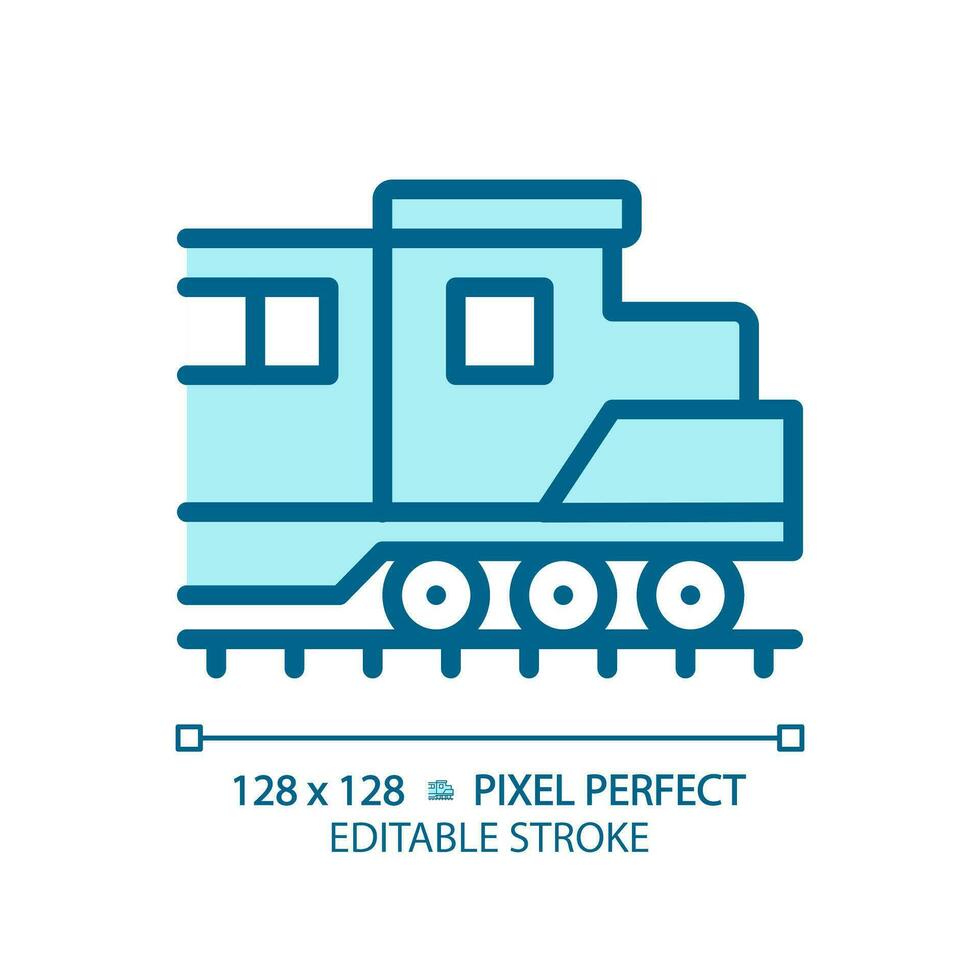 Lokomotive Pixel perfekt Blau rgb Farbe Symbol. Diesel Motor. Fracht Zug. Schiene Transport Fahrzeug. Leistung Wagen. isoliert Vektor Illustration. einfach gefüllt Linie Zeichnung. editierbar Schlaganfall