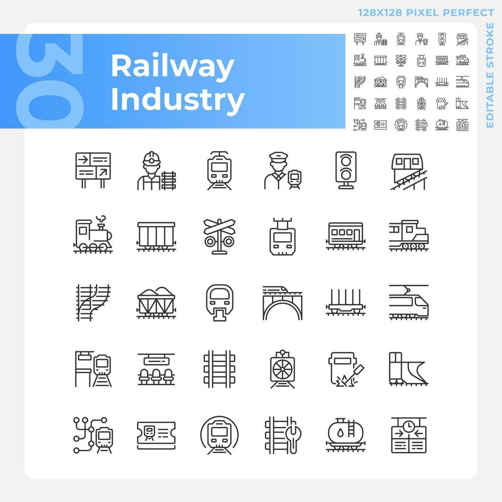 Eisenbahn Industrie Pixel perfekt linear Symbole Satz. Eisenbahn Unternehmen. Schiene Transport. Zug Bahnhof. anpassbar dünn Linie Symbole. isoliert Vektor Gliederung Illustrationen. editierbar Schlaganfall