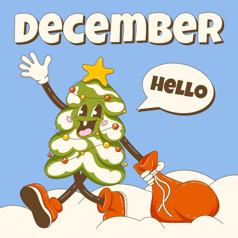 Hallo Dezember. retro groovig Weihnachten Baum Charakter grüßt und geht mit ein Tasche von Geschenke. Winter Schnee Hintergrund, Platz Format, Dialog Kasten. Vektor Karikatur Illustration.