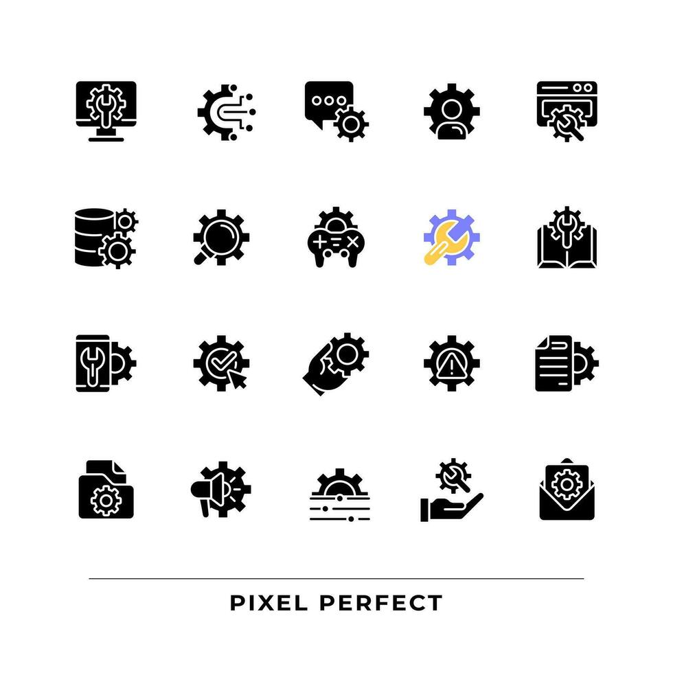 uppstart och inställningar svart glyf ikoner uppsättning på vit Plats. dator systemet konfiguration. spara ändringar. personalisering. silhuett symboler. fast piktogram packa. vektor isolerat illustration