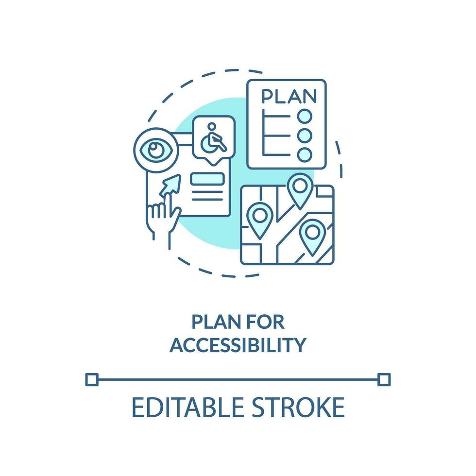 planen zum Barrierefreiheit Türkis Konzept Symbol. Sicherheit System. Universal- Design. Wegfindung Beschilderung. Zugriff Steuerung abstrakt Idee dünn Linie Illustration. isoliert Gliederung Zeichnung. editierbar Schlaganfall vektor
