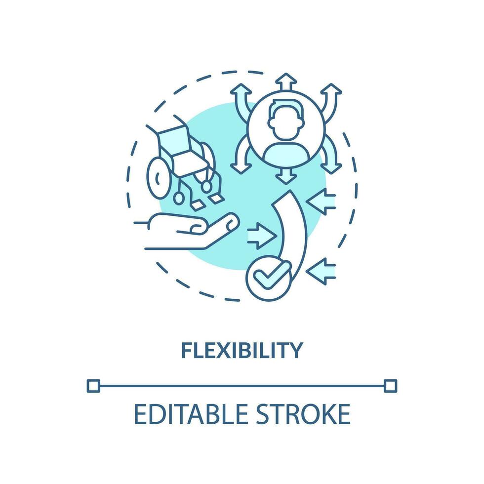 Flexibilität Türkis Konzept Symbol. gleich Zugang. inklusive Arbeitsplatz. kontinuierlich Verbesserung. schnell Veränderung abstrakt Idee dünn Linie Illustration. isoliert Gliederung Zeichnung. editierbar Schlaganfall vektor