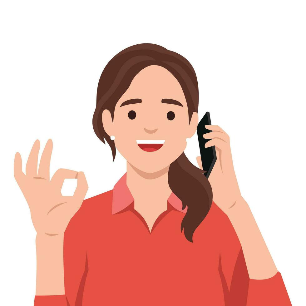 affärskvinna innehav mobil telefon och som visar en Okej hand tecken. porträtt av tecknad serie affärskvinna karaktär. vektor