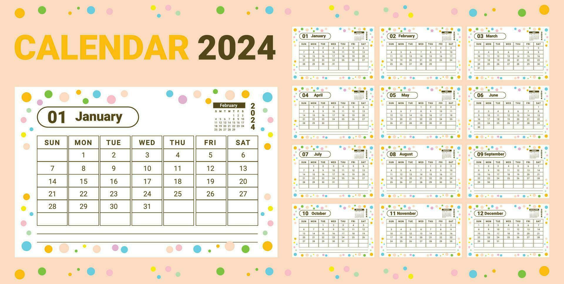 Kinder 2024 Kalender Design elegant Licht Thema Vektor Vorlage