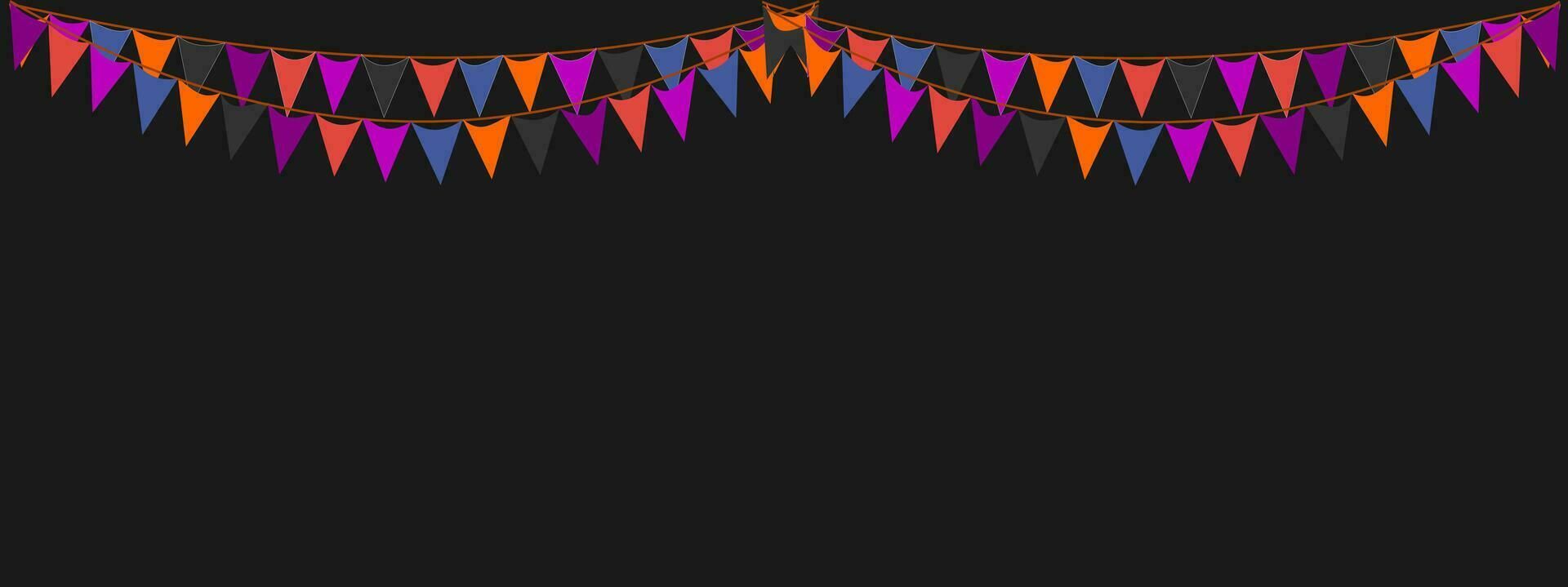 Ammer hängend Orange schwarz violett dunkel Flaggen Dreiecke Banner Hintergrund. Halloween, Trick, behandeln, Nacht, Ernte, Herbst, das Erntedankfest, goust, Kürbis, Party, Feier Konzepte. vektor