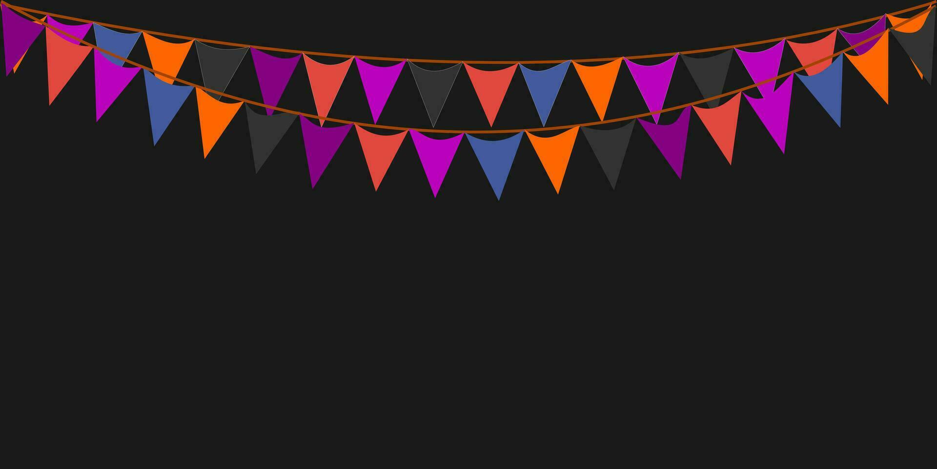 Ammer hängend Orange schwarz violett dunkel Flaggen Dreiecke Banner Hintergrund. Halloween, Trick, behandeln, Nacht, Ernte, Herbst, das Erntedankfest, goust, Kürbis, Party, Feier Konzepte. vektor