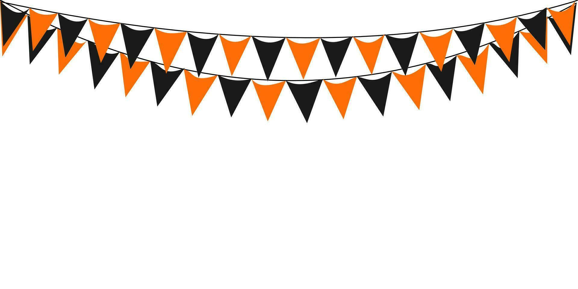 flaggväv hängande orange svart flaggor trianglar baner bakgrund. halloween, lura, behandla, natt, skörd, höst, tacksägelse, gust, pumpa, fest, firande begrepp. vektor