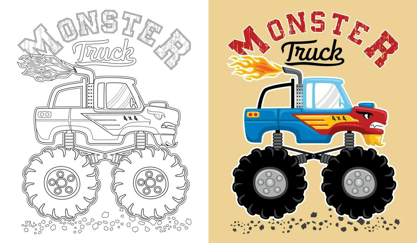 vektor illustration av monster lastbil tecknad serie. färg bok eller sida