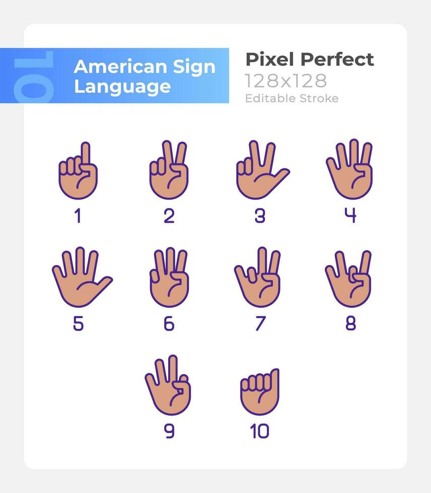 Ziffern im amerikanisch Zeichen Sprache Pixel perfekt rgb Farbe Symbole Satz. isoliert Vektor Illustrationen. einfach gefüllt Linie Zeichnungen Sammlung. editierbar Schlaganfall