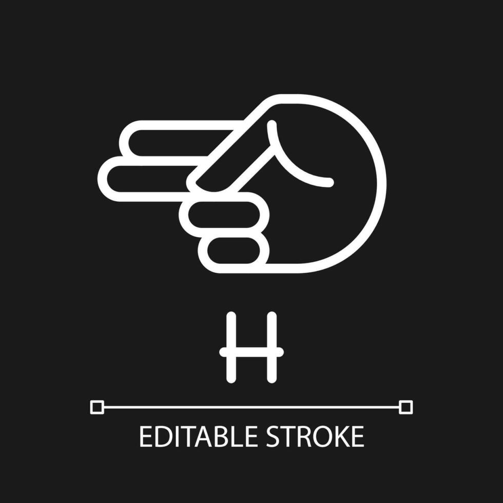 signering brev h i asl pixel perfekt vit linjär ikon för mörk tema. kommunikation för människor med dövhet. tunn linje illustration. isolerat symbol för natt läge. redigerbar stroke vektor