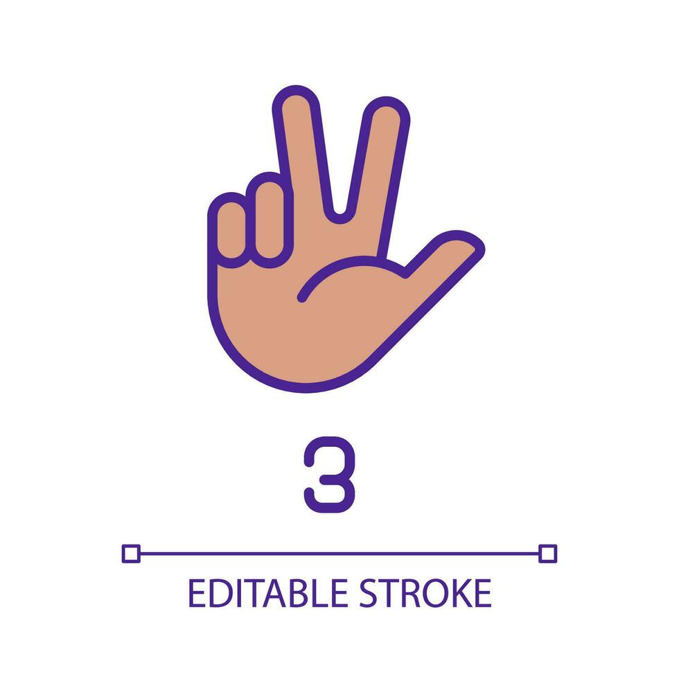 signering siffra tre i asl pixel perfekt rgb Färg ikon. icke-verbalt kommunikation systemet. gestikulerande. isolerat vektor illustration. enkel fylld linje teckning. redigerbar stroke