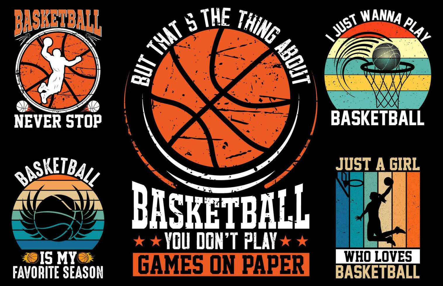 Basketball Jahrgang Vektor T-Shirt Design bündeln, Basketball Vektor Illustration T-Shirt einstellen