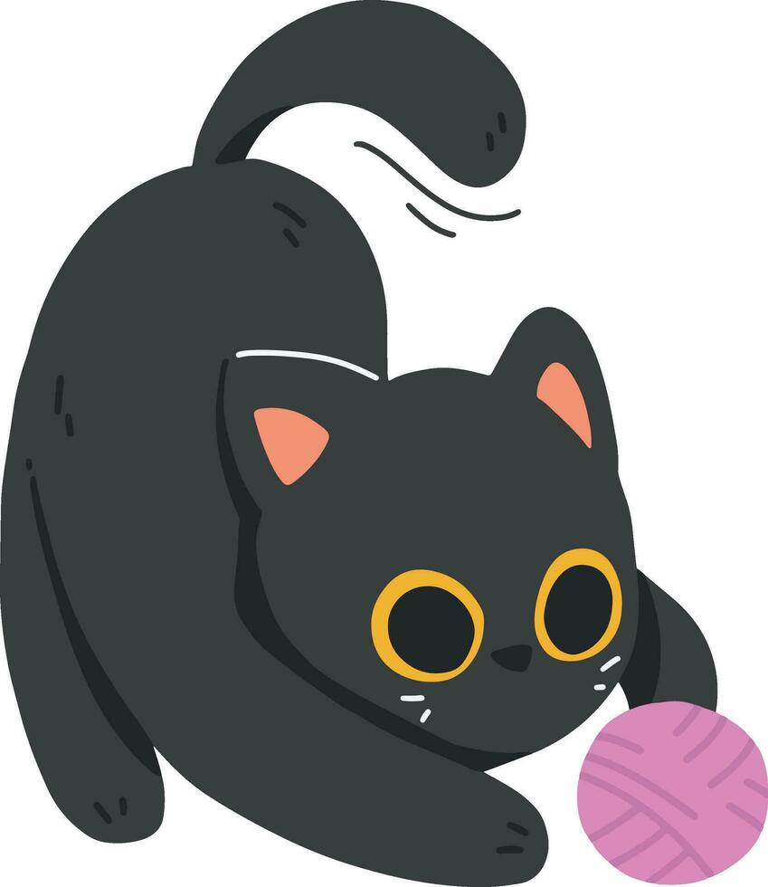 söt svart katt spelar med boll av garn fira internationell katt dag vektor