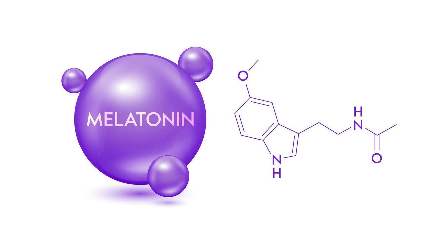 Melatonin Modell- lila und strukturell chemisch Formel. Symbol 3d Symbol isoliert auf Weiß Hintergrund. Hormon Melatonin fördern tief schlafen. medizinisch wissenschaftlich Konzepte. Vektor eps10 Illustration.