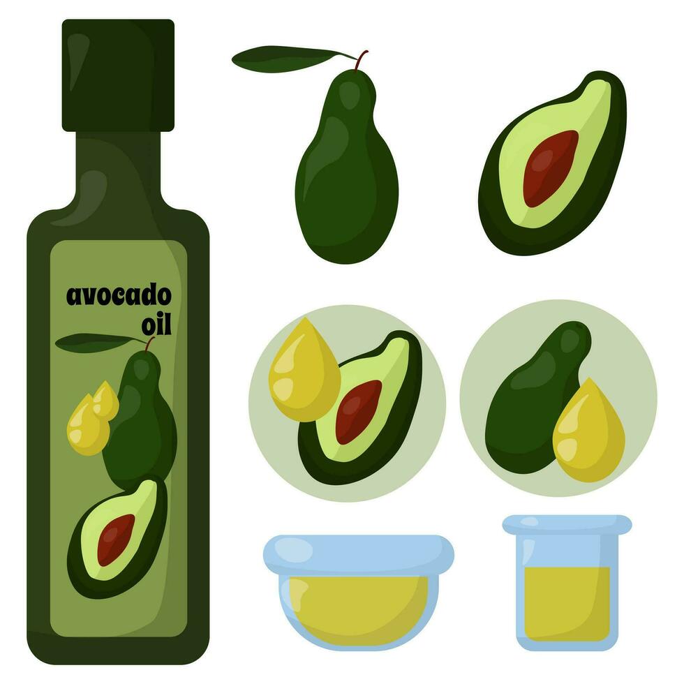 Avocado Öl einstellen von Elemente im eben Stil, Öl Essen Produkt, Design Optionen vektor