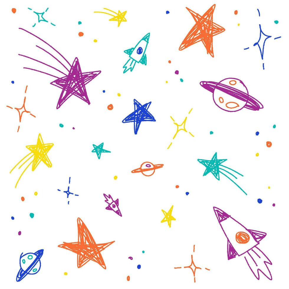 süß Konfetti Star Galaxis Raum Nacht Himmel Meteor Schießen Star Planet Saturn Rakete. streuen funkeln scheinen. Gekritzel kritzeln skizzieren Bürste Stift Tinte. abstrakt Farbe nahtlos Muster Weiß Hintergrund. vektor