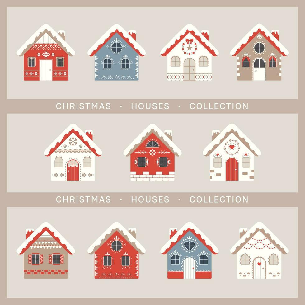 Weihnachten Häuser Sammlung. einstellen von rustikal Winter Häuser. Ferien Elemente zum Design, Karten, Poster, Banner. vektor