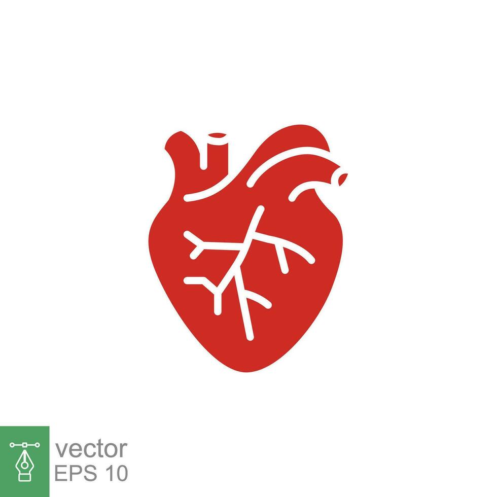 röd mänsklig hjärta ikon. enkel fast, platt stil. inre organ, verklig, kardiologi, hjärt- anatomi, medicinsk begrepp. silhuett, glyf symbol. vektor illustration isolerat på vit bakgrund. eps 10.