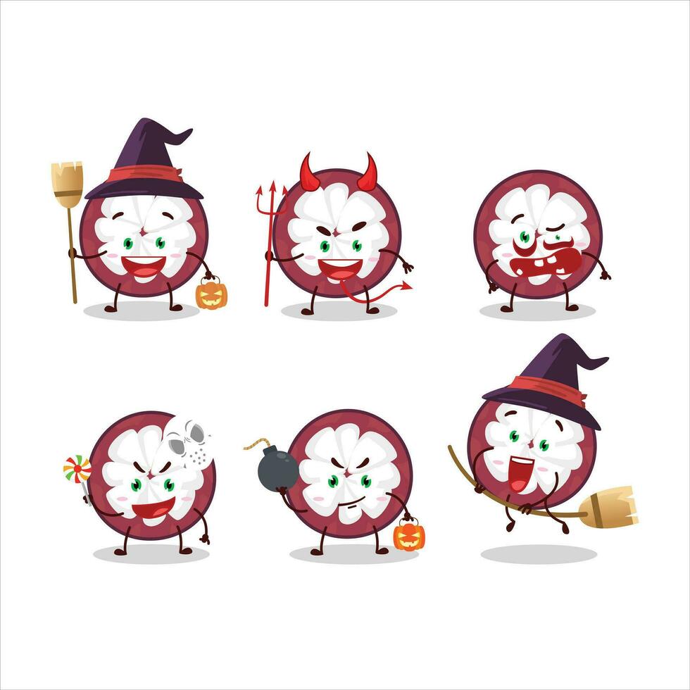 Halloween Ausdruck Emoticons mit Karikatur Charakter von Scheibe von Mangostan vektor