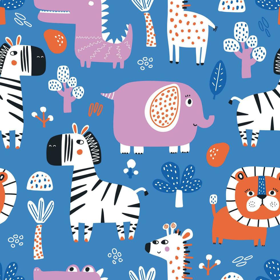 Vektor nahtlos wiederholen Farbe Baby Muster mit süß Tiere auf Weiß Hintergrund. Muster zum Kinder mit Elefant, Krokodil, Zebra, Giraffe, Löwe und Kritzeleien. süß Baby Tiere