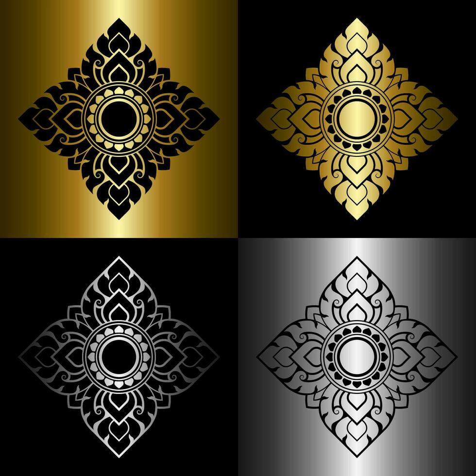 traditionell thai konst mönster uppsättning. prajam jams. fast svart och linje konst dekorativ design element. lutning guld och silver. vektor illustration.