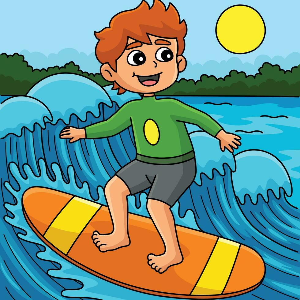 pojke surfing i sommar färgad tecknad serie illustration vektor