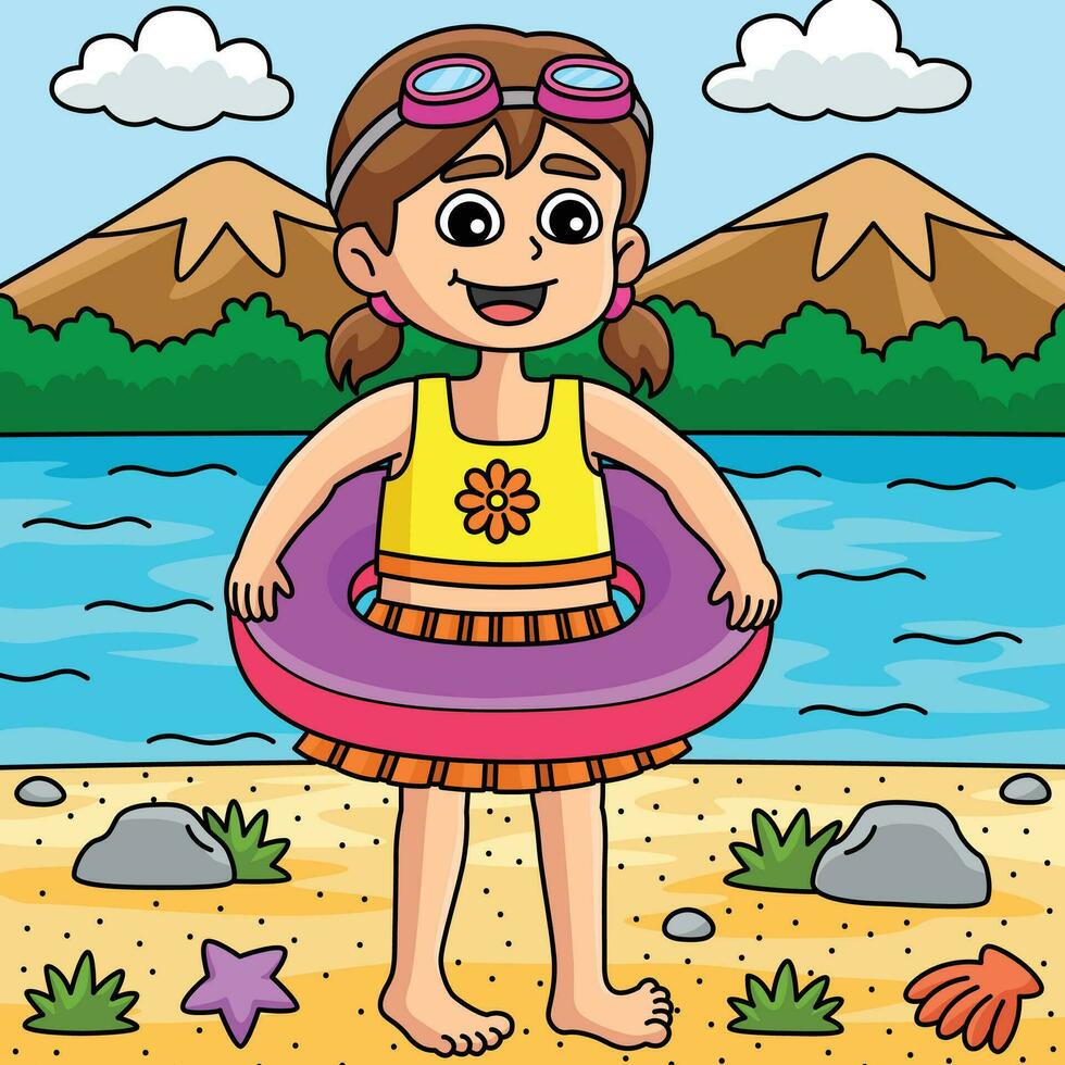 Mädchen im Badeanzug Outfit im Sommer- farbig Karikatur vektor