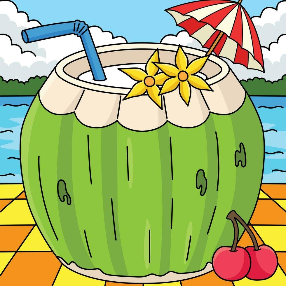 kokos dryck sommar färgad tecknad serie illustration vektor