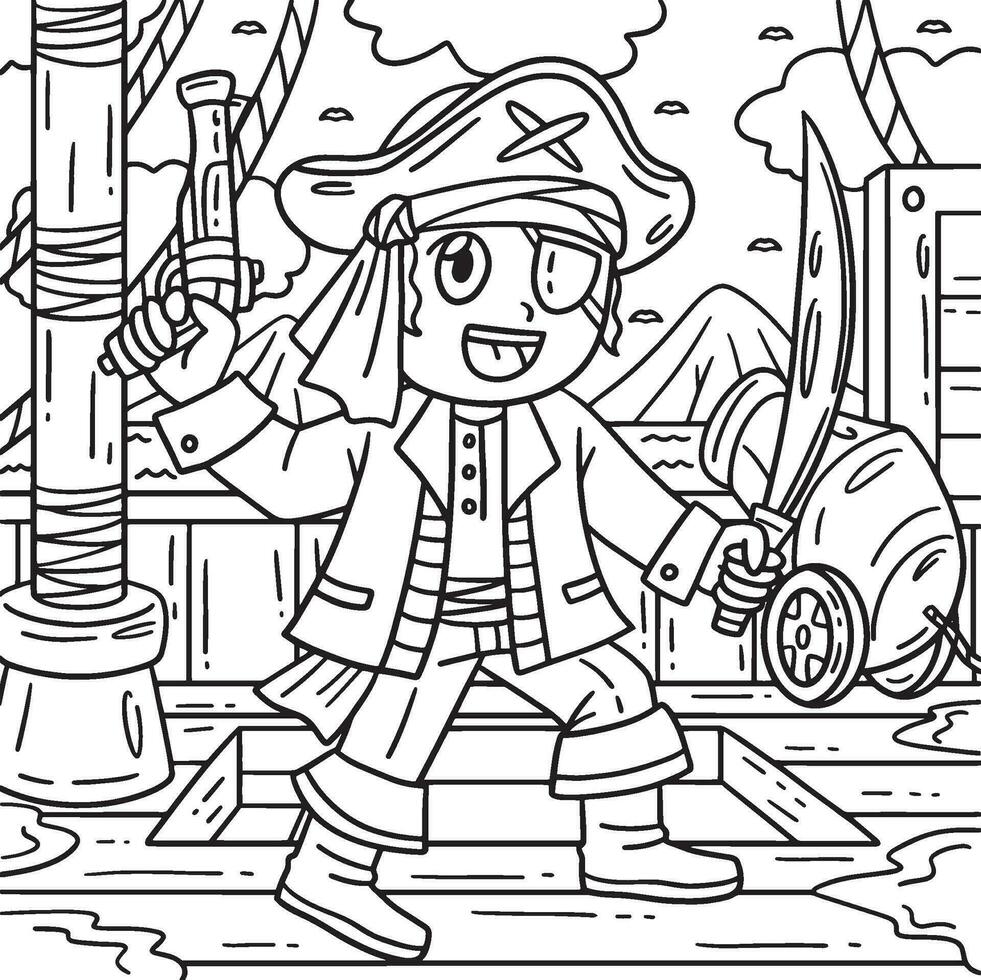 Pirat mit Gewehr und Entermesser Färbung Seite zum Kinder vektor
