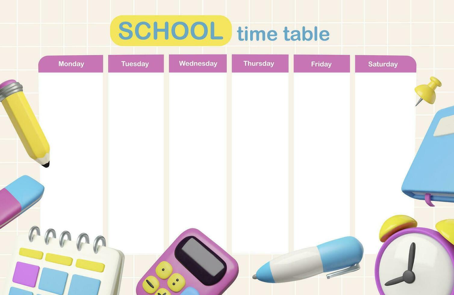 Schule Klasse Zeit Tisch. 3d Schule und Büro Lieferungen. Schule Planer zum das Woche. Bildung Konzept. zurück zu Schule. vektor