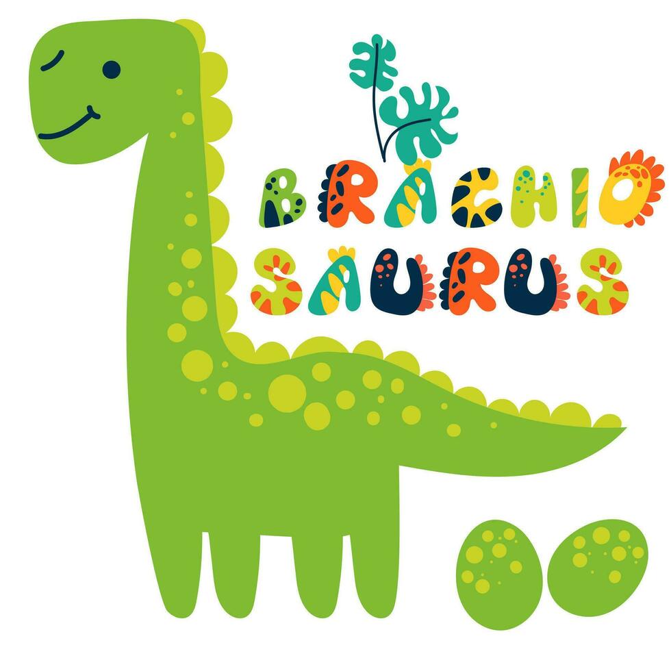 ein Karikatur Brachiosaurus mit ein unterzeichnet Sicht. süß Kinder- hell Illustration auf ein Weiß Hintergrund zum Drucken auf Postkarten. Beschriftung Dino Schriftart und Elemente von das Tropen vektor