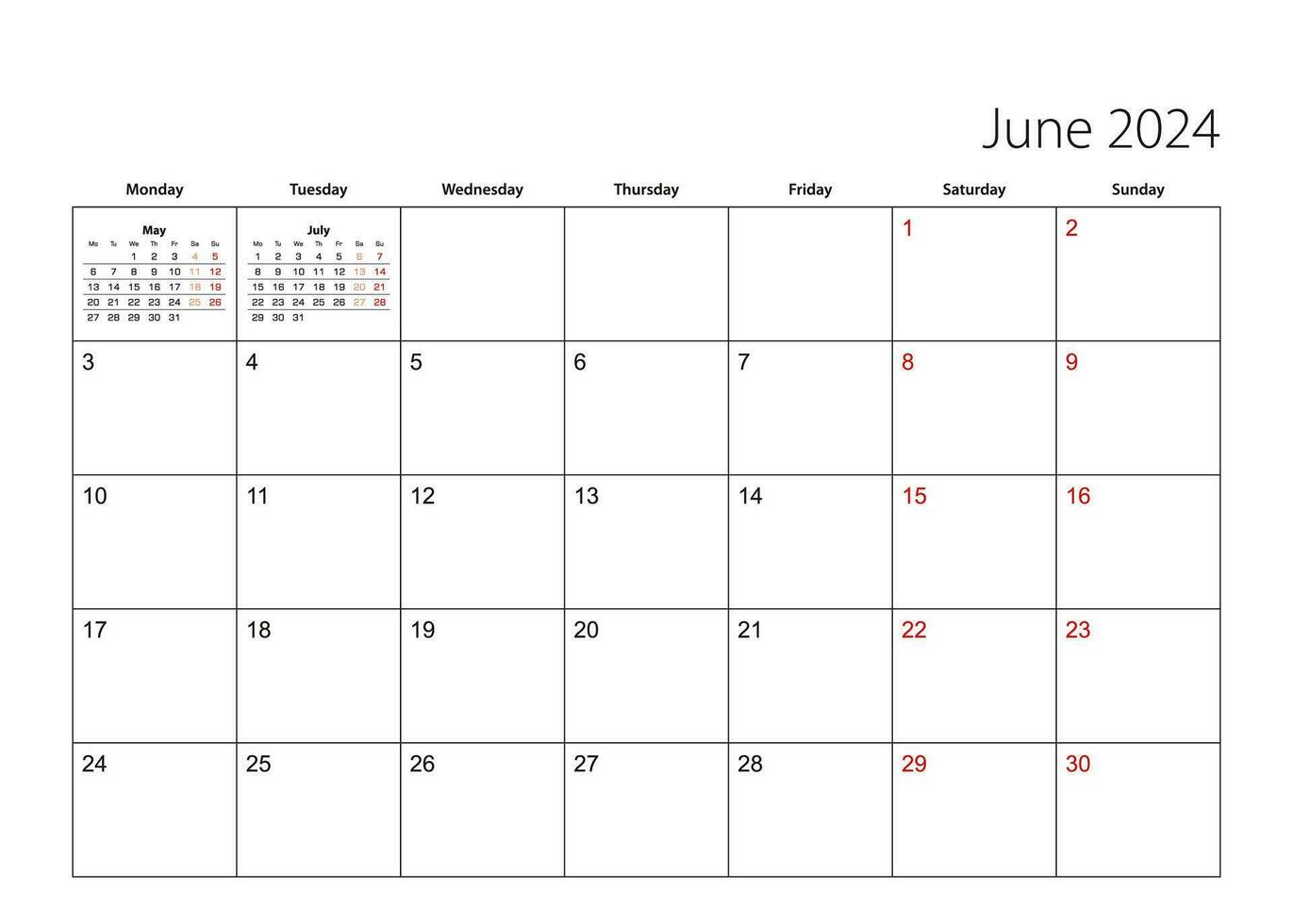 juni 2024 enkel kalender planerare, vecka börjar från måndag. vektor