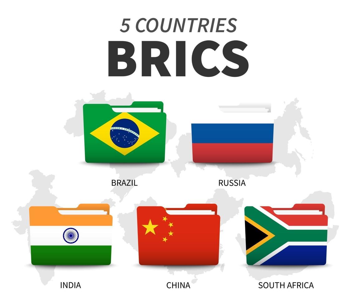 brics. sammanslutning av 5 länder. mappflaggdesign. vit isolerad bakgrund och landskarta. vektor .
