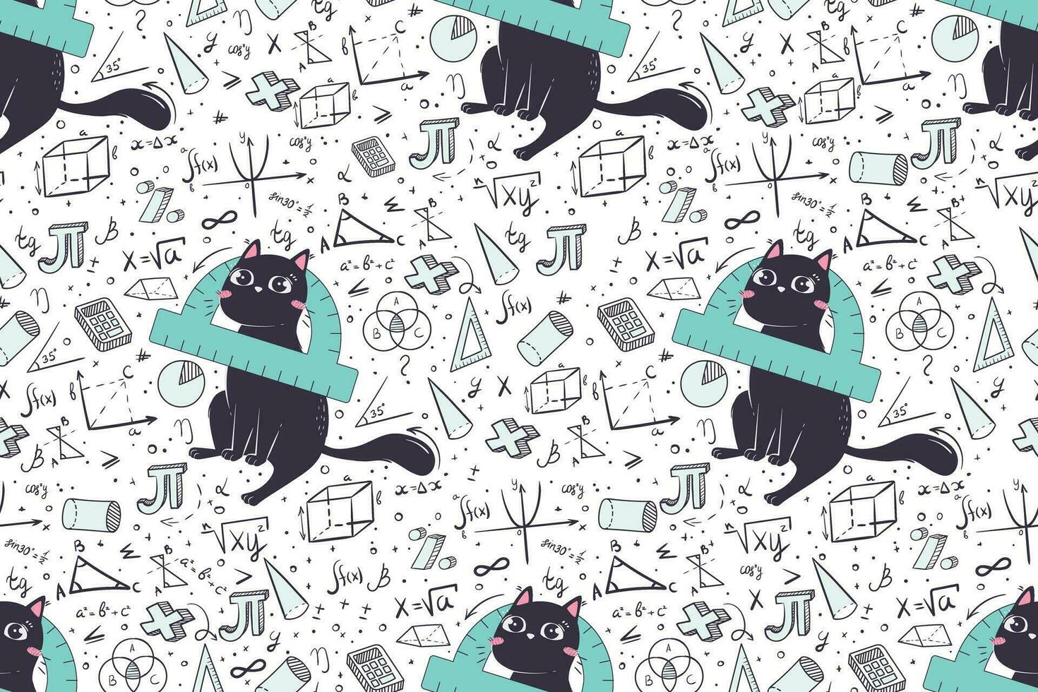 sömlös matematisk mönster i klotter stil med rolig katt. bakgrund för pedagogisk brevpapper och textilier vektor