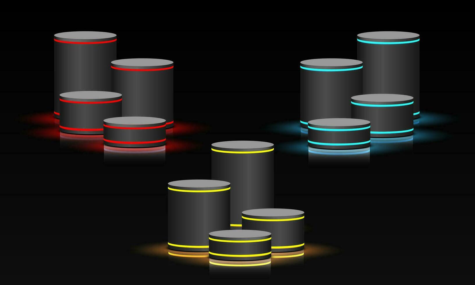 realistisk av podium grå metallisk röd blå gul neon ljus uppsättning samling för produkt visa på svart bakgrund vektor