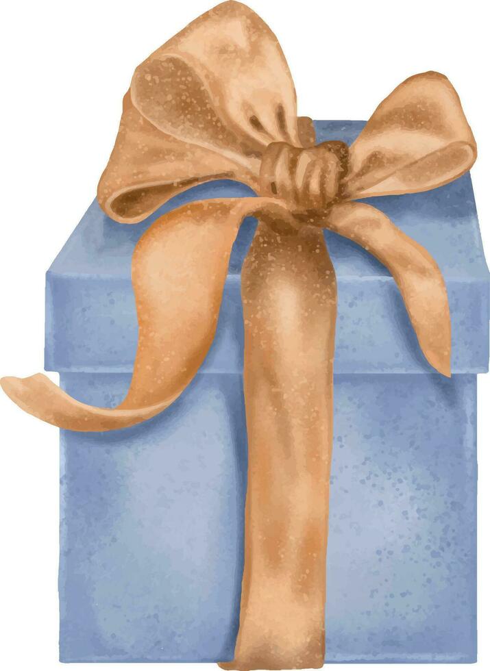 Blau Geschenk Box mit Satin- Gold Bogen Digital Illustration Aquarell Stil isoliert auf Weiß. gegenwärtig, Verpackung Band Hand gezeichnet. Design Element zum Geburtstag Einladung, Urlaub Karte, Weihnachten drucken vektor