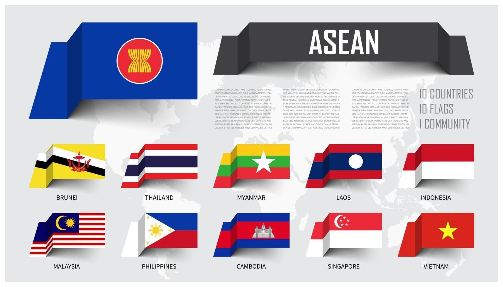asian. Gemeinschaft der Südostasiatischen Staaten . und Mitgliedschaft. schwimmende Papierflaggen Design. Hintergrund der Weltkarte. Vektor. vektor