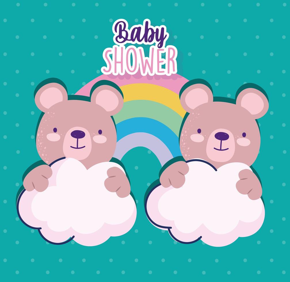 baby shower söta björnar regnbåge och moln firande vektor