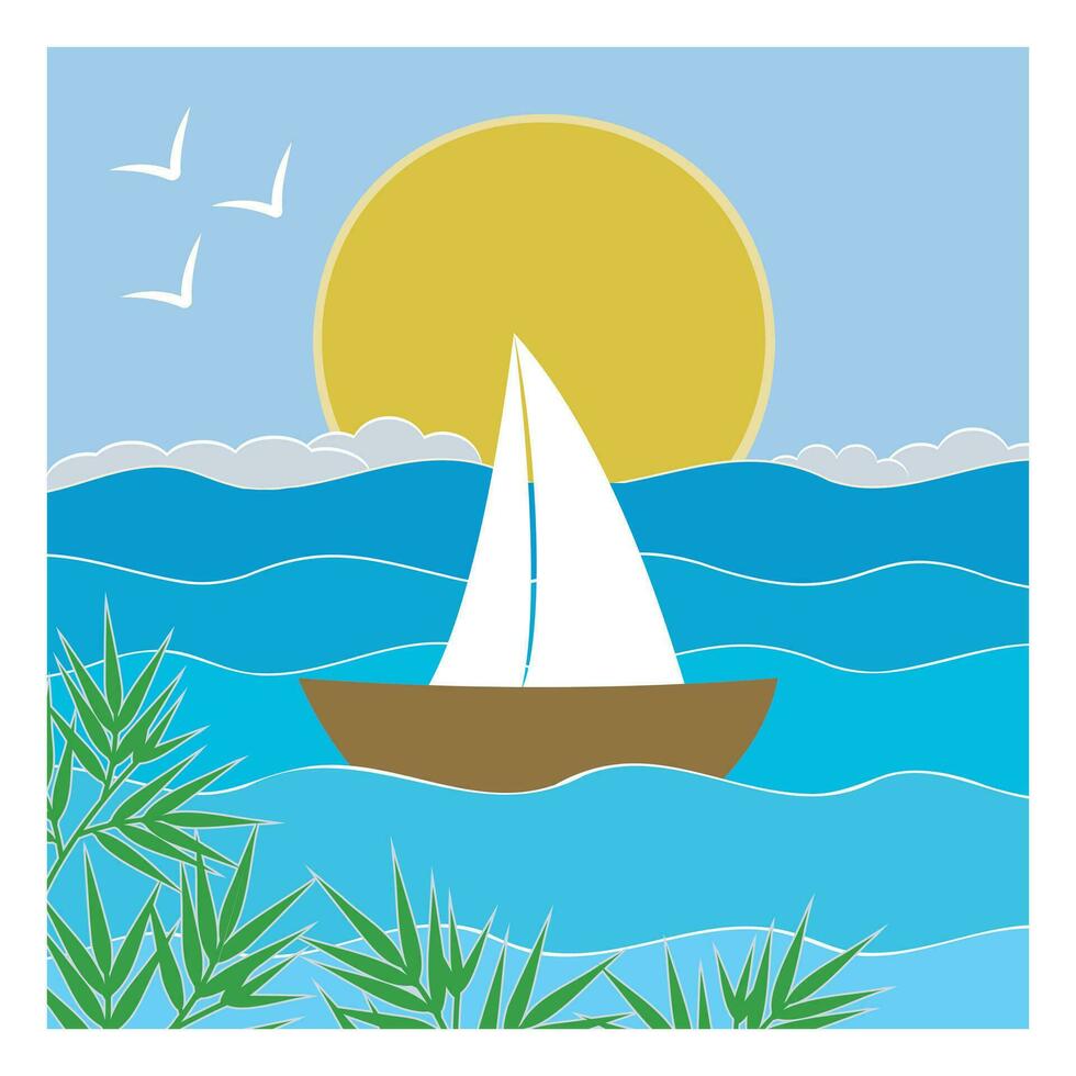 segelbåt segling på de blå hav, i de stil av papper konst vektor