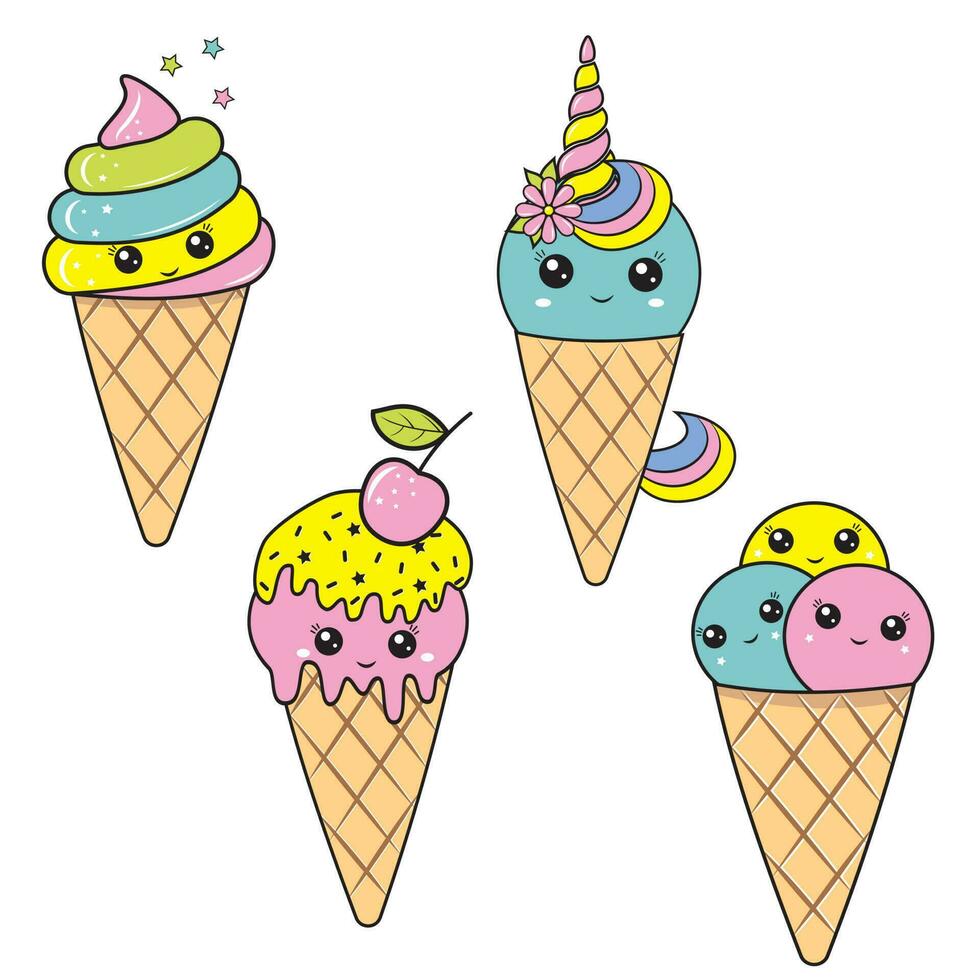 Einhorn Eis Sahne kawaii Dessert im ein Waffel Tasse, Farbe Vektor Illustration im Karikatur Stil