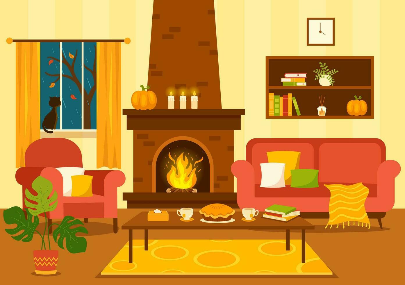 Herbst gemütlich Zuhause Dekor Vektor Illustration mit Leben Zimmer Innere Möbel Hintergrund Elemente im eben Karikatur Hand gezeichnet Vorlagen