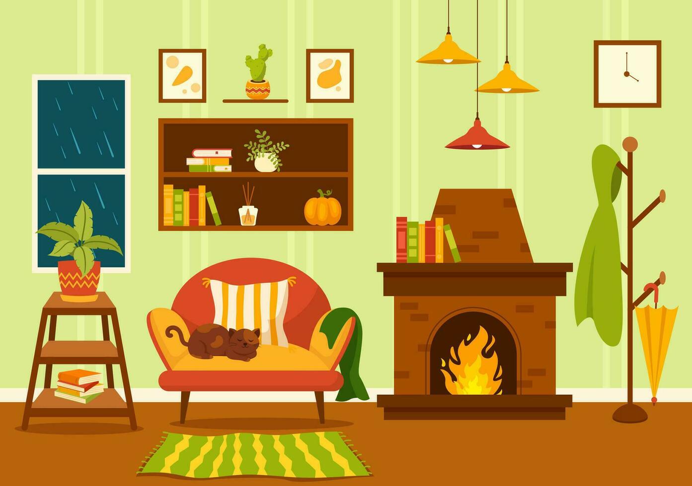 Herbst gemütlich Zuhause Dekor Vektor Illustration mit Leben Zimmer Innere Möbel Hintergrund Elemente im eben Karikatur Hand gezeichnet Vorlagen