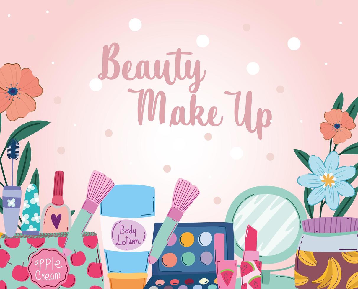 Beauty-Make-up-Pinsel, Puderpaletten, Lippenstift, Augenstift, Nagellack vektor
