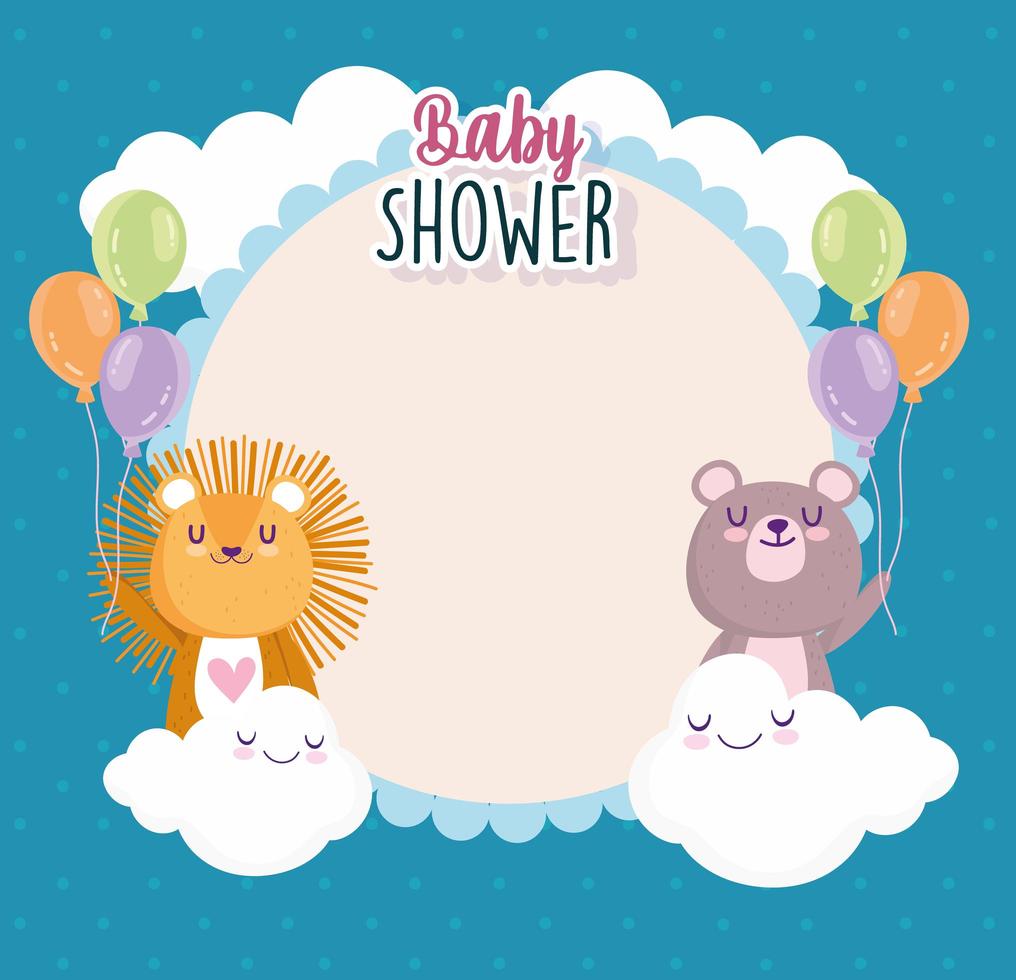 baby shower, söt lejon och björn med ballonger moln firande kort vektor