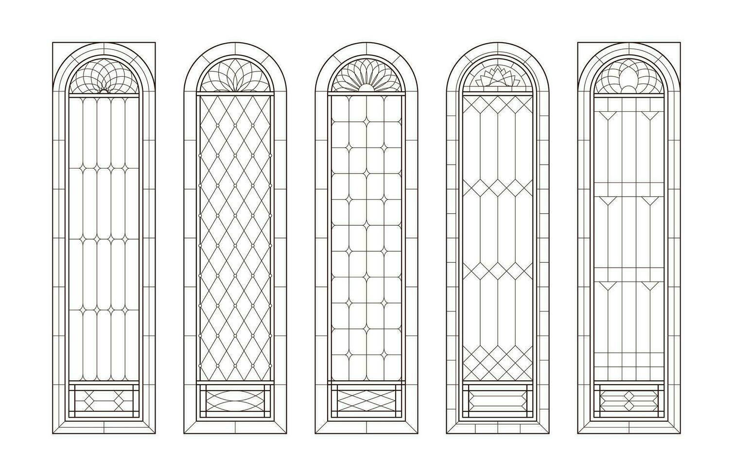 Glas Kirche Fenster. katholisch schwarz und Weiß Bögen. vektor