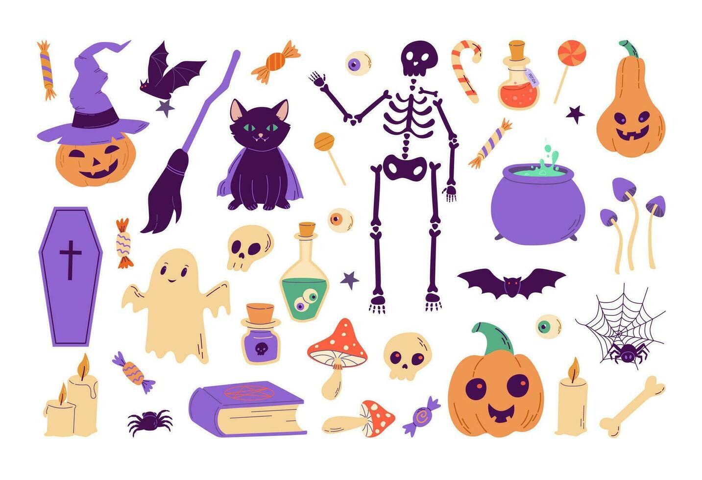Lycklig halloween element uppsättning. skelett, spöke, pumpa, fladdermus, svart katt, godis, spindlar tecknad serie vektor illustration. perfekt för scrapbooking, inbjudan, hälsning kort, affisch design